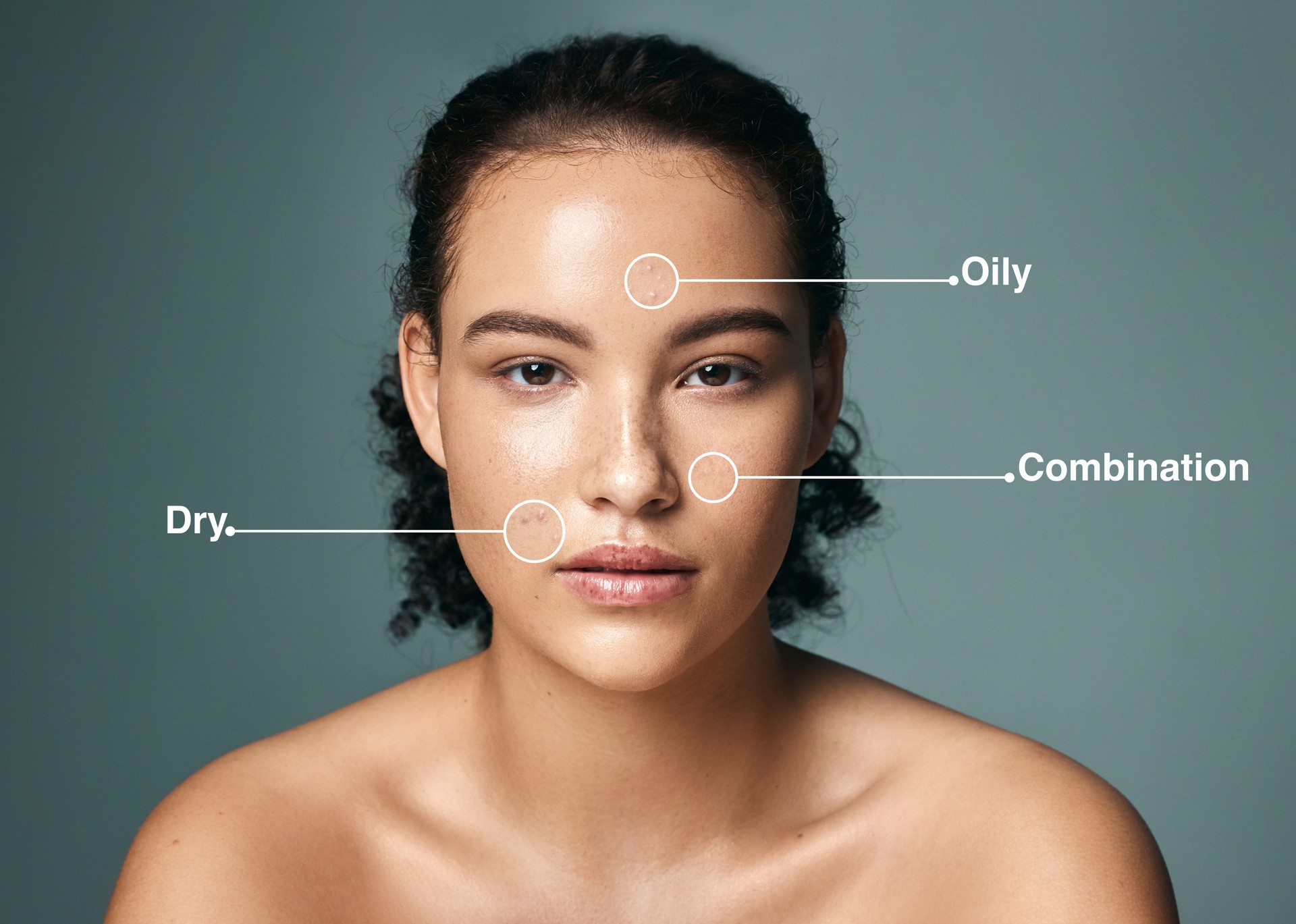Skin type, woman and portrait with skincare analysis for dermatology and facial texture solution. Text, label and beauty breakdown for facial, acne and wellness of face with treatment plan in studio